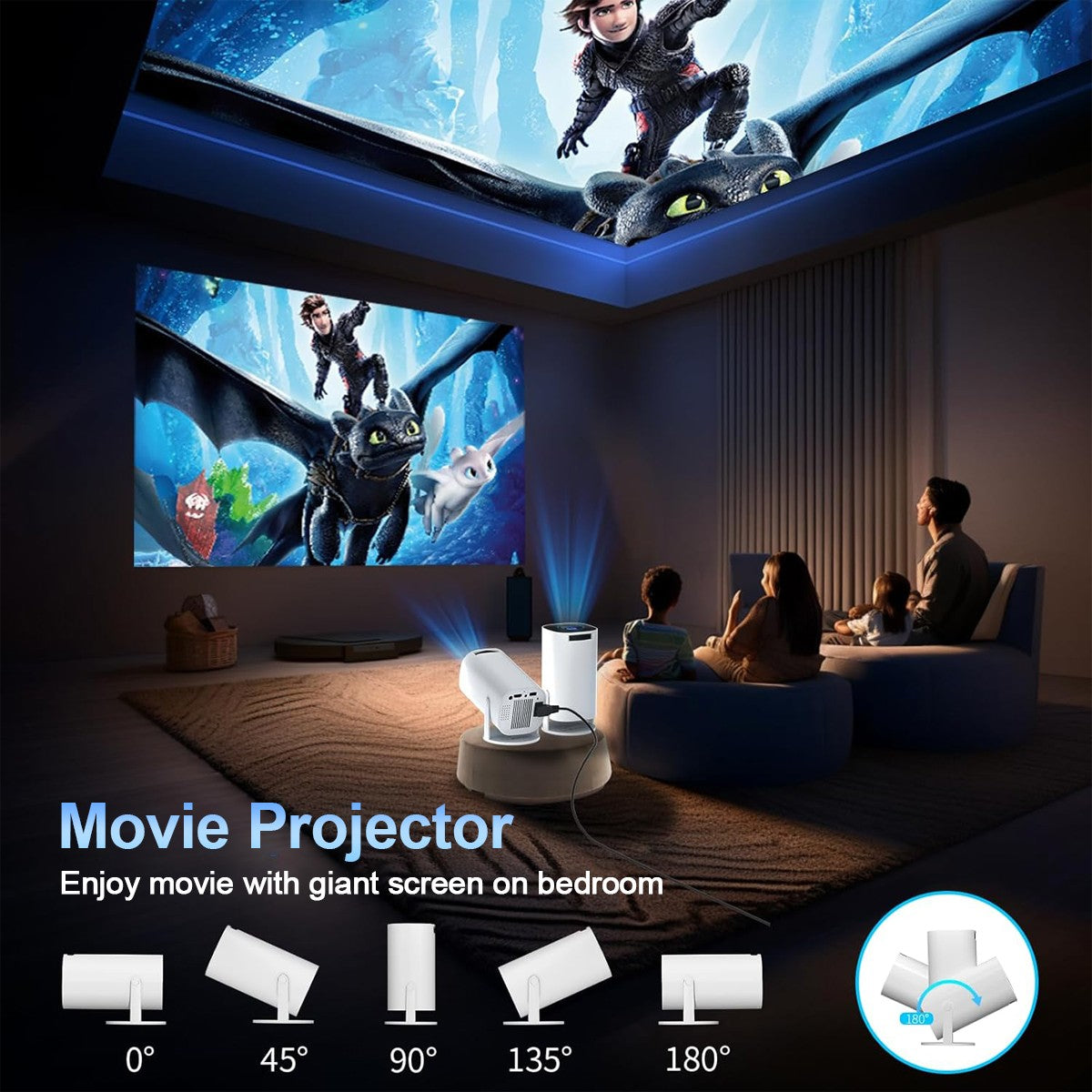 Mini Projetor com WiFi e Bluetooth, Suporte 4K, Sistema Android, Portátil para H