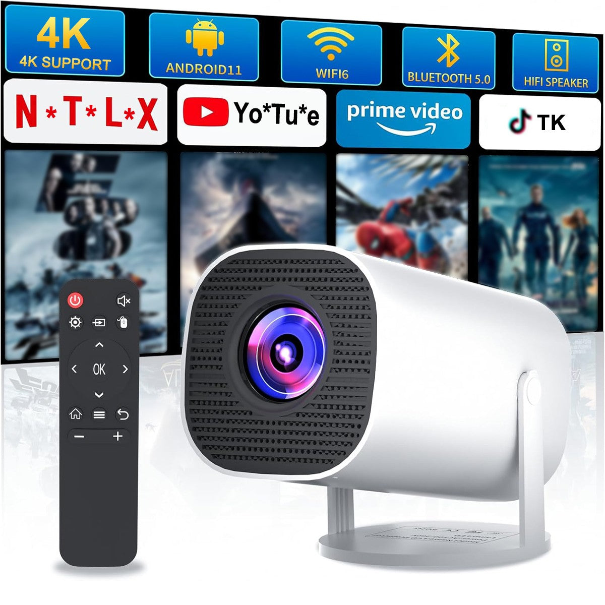 Mini Projetor com WiFi e Bluetooth, Suporte 4K, Sistema Android, Portátil para H