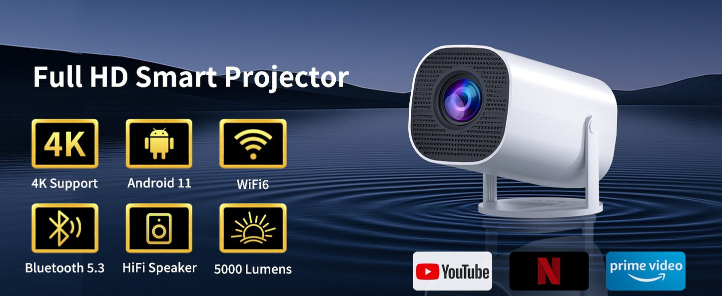 Mini Projetor com WiFi e Bluetooth, Suporte 4K, Sistema Android, Portátil para H