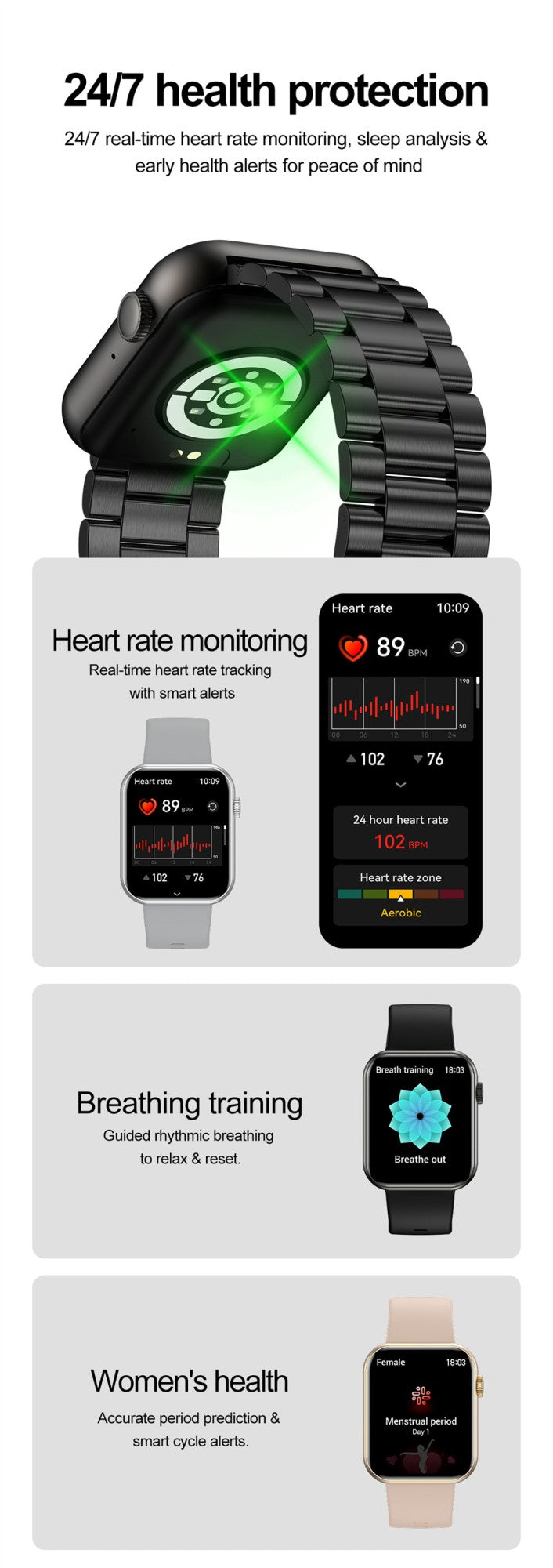 Smartwatch Feminino Bluetooth com chamadas, tela touch, Monitor Cardiaco e aprova d`Água