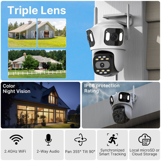 3-Lens PTZ Smart WiFi Security Camera - Outdoor Night Vision