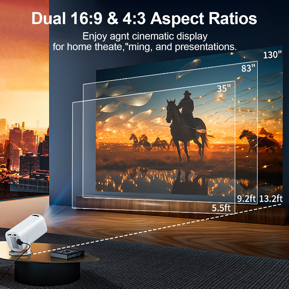 Mini Projetor com WiFi e Bluetooth, Suporte 4K, Sistema Android, Portátil para H