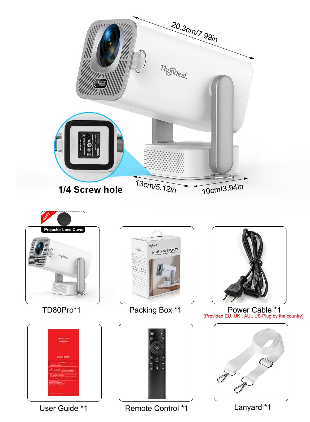 Projetor Full HD ThundeaL TD80 Pro 1080P Wi-Fi Suporte 4K